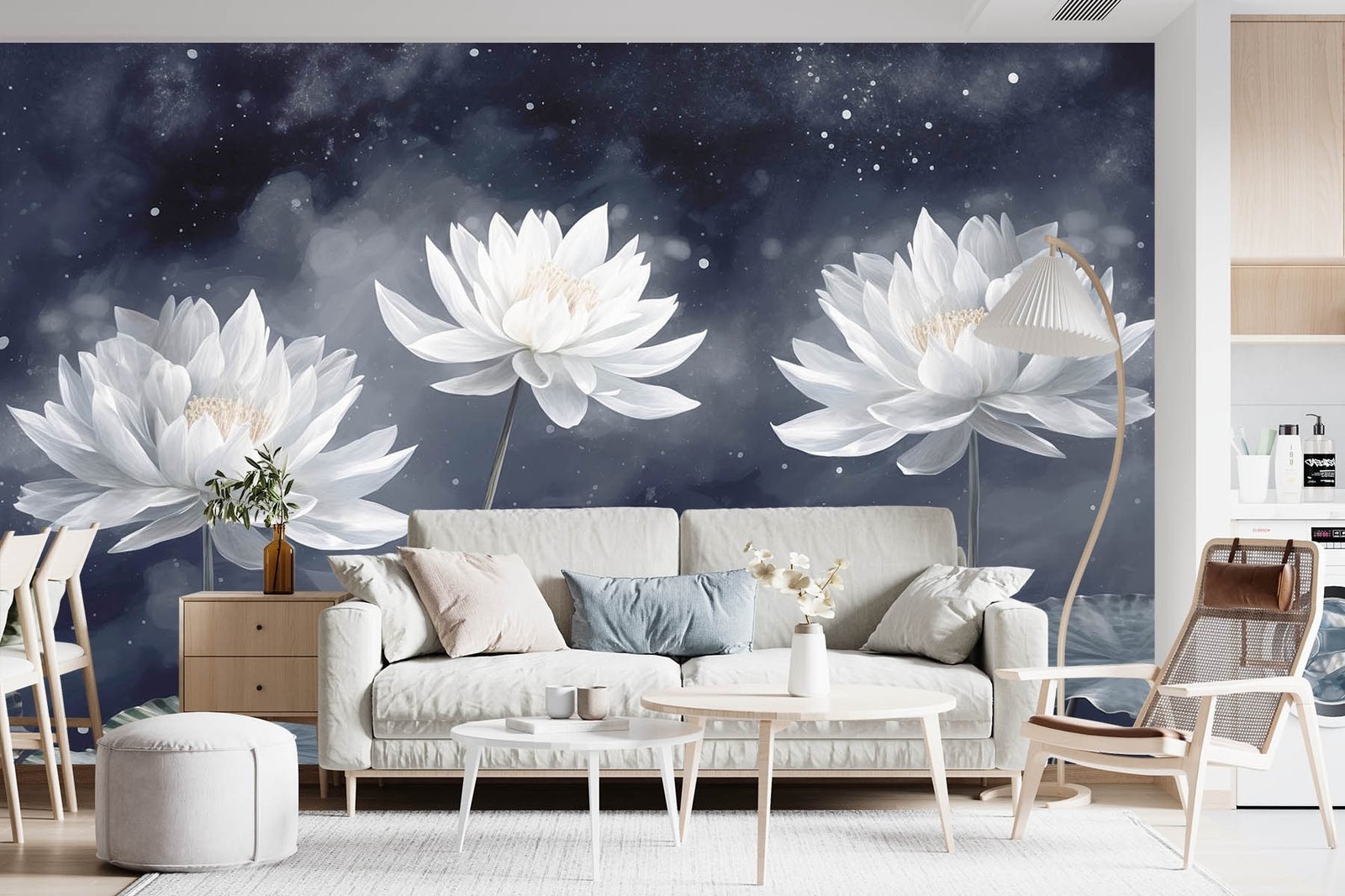 w08506pig10r.jpg Papier peint – Lotus blancs sous un ciel étoilé – Image 1