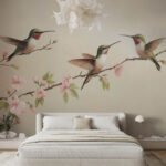 Papier peint – Colibris sur branches fleuries roses