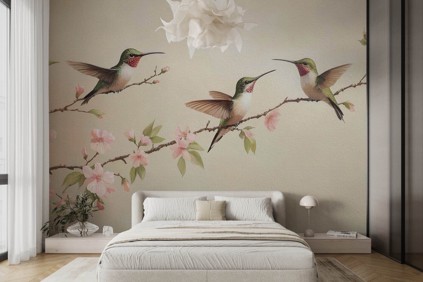 w08515pib4r.jpg Papier peint – Colibris sur branches fleuries roses – Image 1