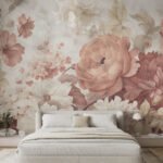 Papier peint – Fleurs roses et crème sur fond patiné