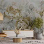 Papier peint – Pivoines crème au rendu patiné