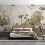 Papier peint – Lotus vert olive sur fond patiné