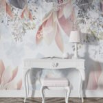 Papier peint – Feuillages roses et grappes florales pastel