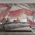 Papier peint – Grandes feuilles corail et gris