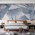 Papier peint – Grandes feuilles bleues et grises