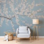 Papier peint – Branche fleurie crème sur fond bleu
