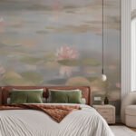 Papier peint – Nénuphars roses sur eau beige