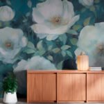 Papier peint – Fleurs blanches sur fond vert profond