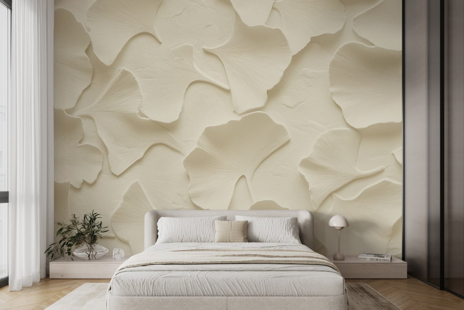 w08560pib4mr.jpg Papier peint – Feuilles de ginkgo crème en relief – Image 1