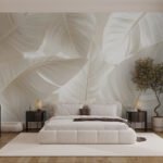 Papier peint – Grandes feuilles blanches et crème