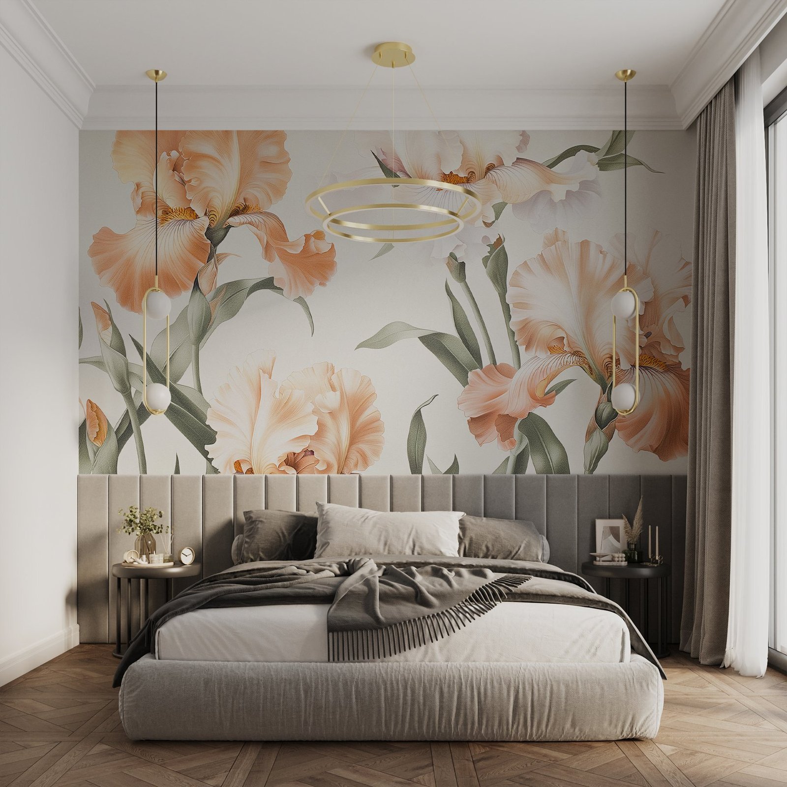 w08568pib1ms.jpg Papier peint – Fleurs orangées et feuillage délicat – Image 1