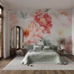 Papier peint – Branche fleurie corail sur fond clair