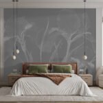 Papier peint – Feuilles au trait blanc sur fond gris sombre