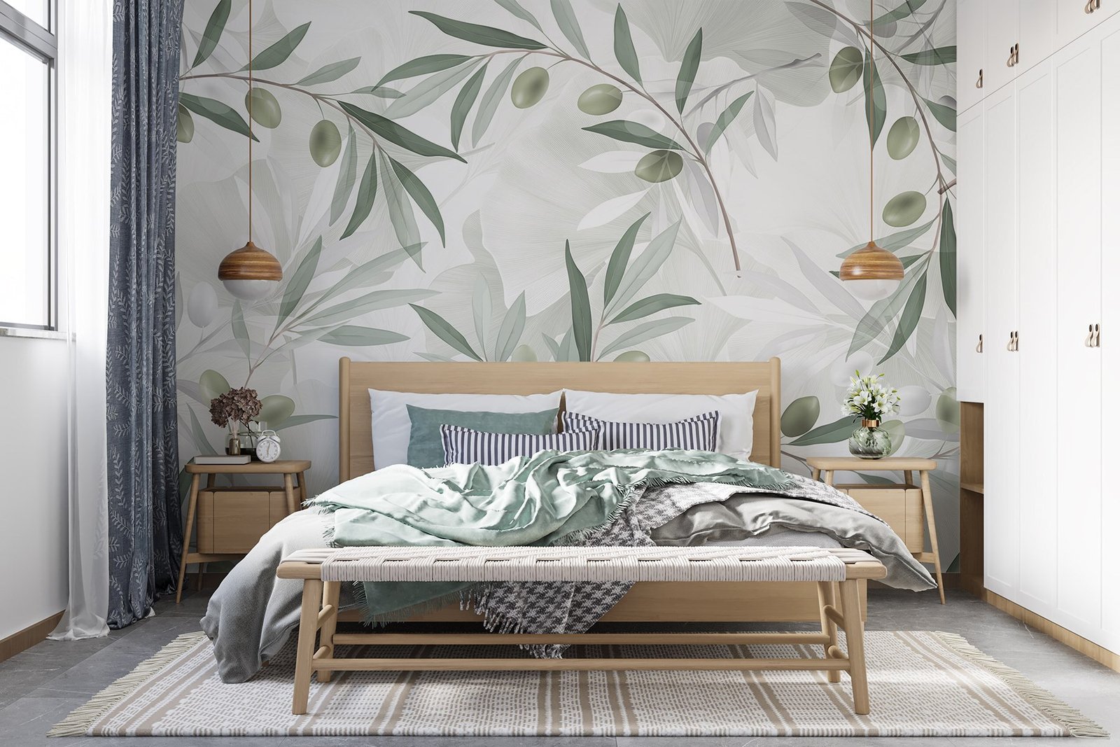 w08576pib13r.jpg Papier peint – Branches vertes et petites touches dorées – Image 1