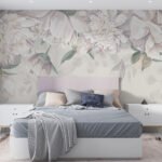 Papier peint – Fleurs pastel et feuillage argenté