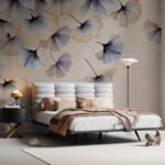 Papier peint – Fleurs bleues et crème en relief