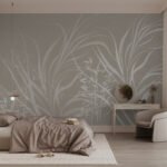 Papier peint – Feuilles au trait blanc sur fond taupe