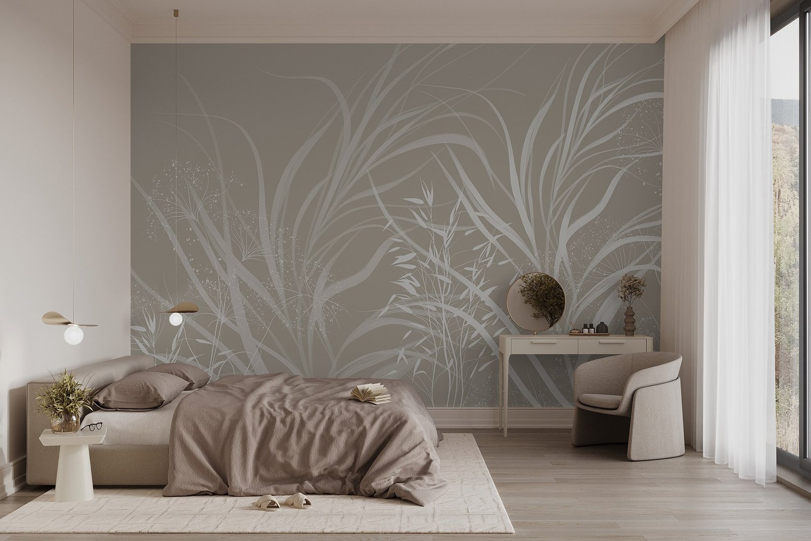 w08583pib32mr.jpg Papier peint – Feuilles au trait blanc sur fond taupe – Image 1