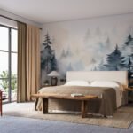 Papier peint – Sapins bleus dans un paysage enneigé
