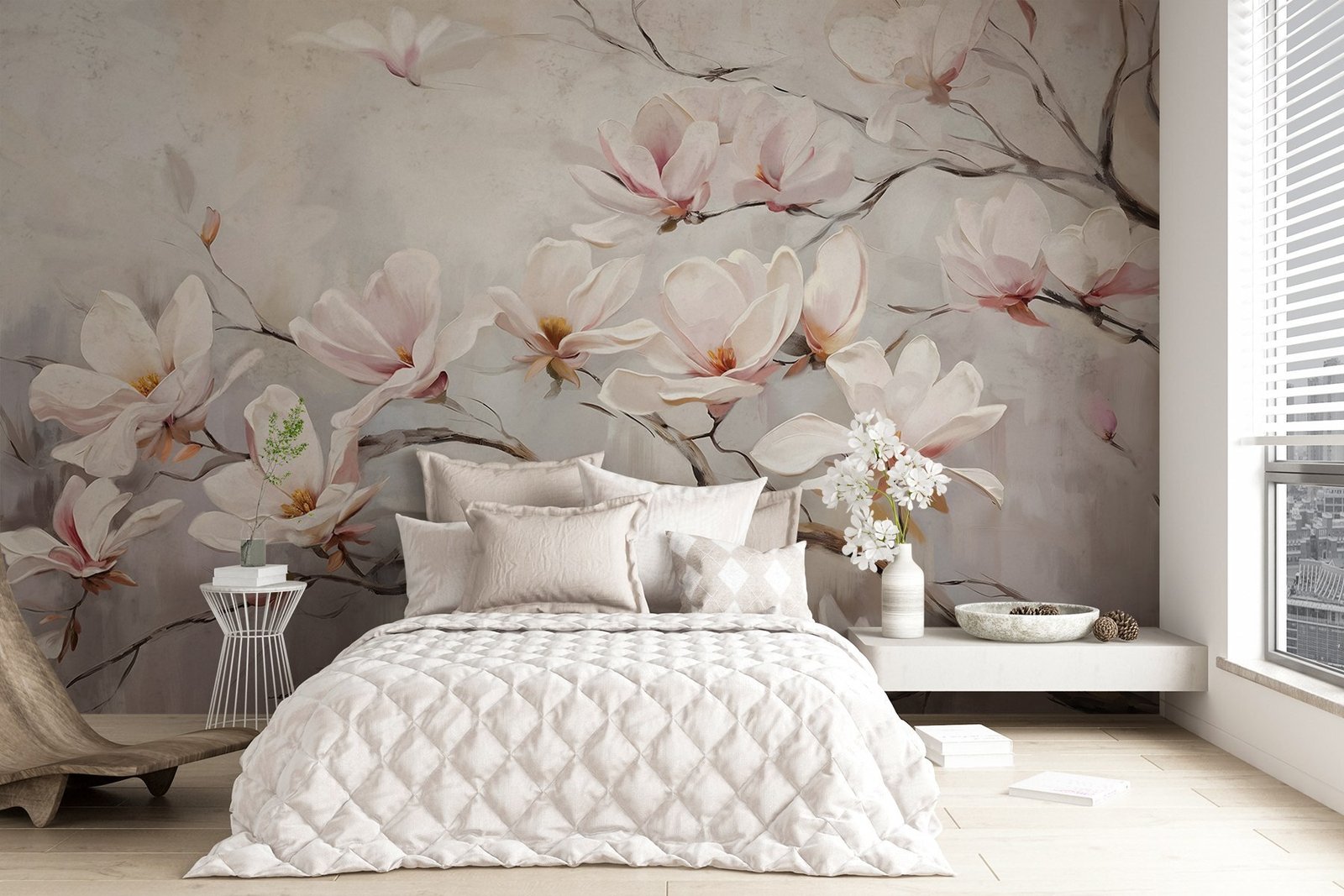 w08589pib28r.jpg Papier peint – Magnolias blancs et roses sur branches – Image 1