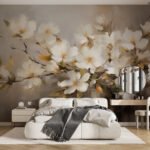 Papier peint – Bouquet blanc et touches jaune doré