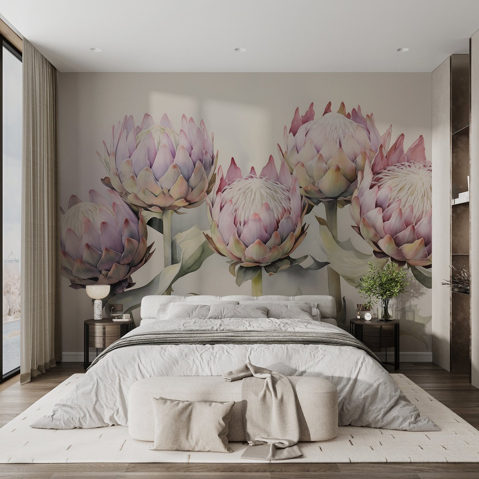 w08593v1pib1ms.jpg Papier peint – Proteas roses et feuillage doux – Image 1