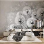 Papier peint – Pissenlits blancs sur fond gris doux