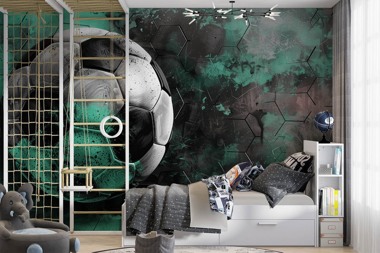 w08618pir12mr.jpg Papier peint – Ballon de football noir et blanc sur fond vert – Image 1