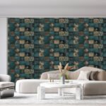 Papier peint – Mosaïque de carrés bleu canard et dorés