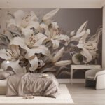 Papier peint – Lys crème sur fond brun