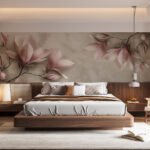 Papier peint – Magnolias roses sur fond beige