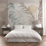 Papier peint – Feuilles tropicales pastel et disque doré