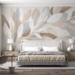 Papier peint – Grandes feuilles crème sur fond taupe