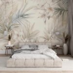 Papier peint – Feuillage tropical pastel beige et bleu