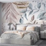 Papier peint – Feuilles bleues et beiges en mouvement