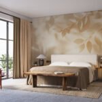 Papier peint – Feuilles dorées en cascade sur fond beige