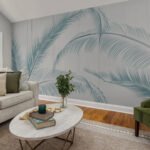 Papier peint – Palmes bleu grisé sur fond blanc