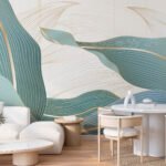 Papier peint – Vagues vertes et blanches aux lignes dorées