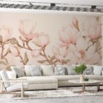 Papier peint – Magnolias roses et branches brunes