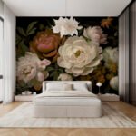Papier peint – Roses crème sur fond noir