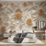 Papier peint – Fleurs blanches aux cœurs dorés en relief