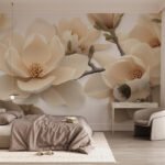 Papier peint – Fleurs beiges en relief