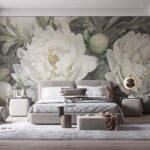 Papier peint – Pivoines blanches sur fond vert grisé
