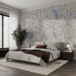 Papier peint – Fleur au trait bleu sur fond beige