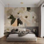 Papier peint – Fleurs crème et feuilles vert sombre