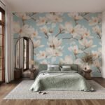 Papier peint – Fleurs blanches sur fond bleu ciel