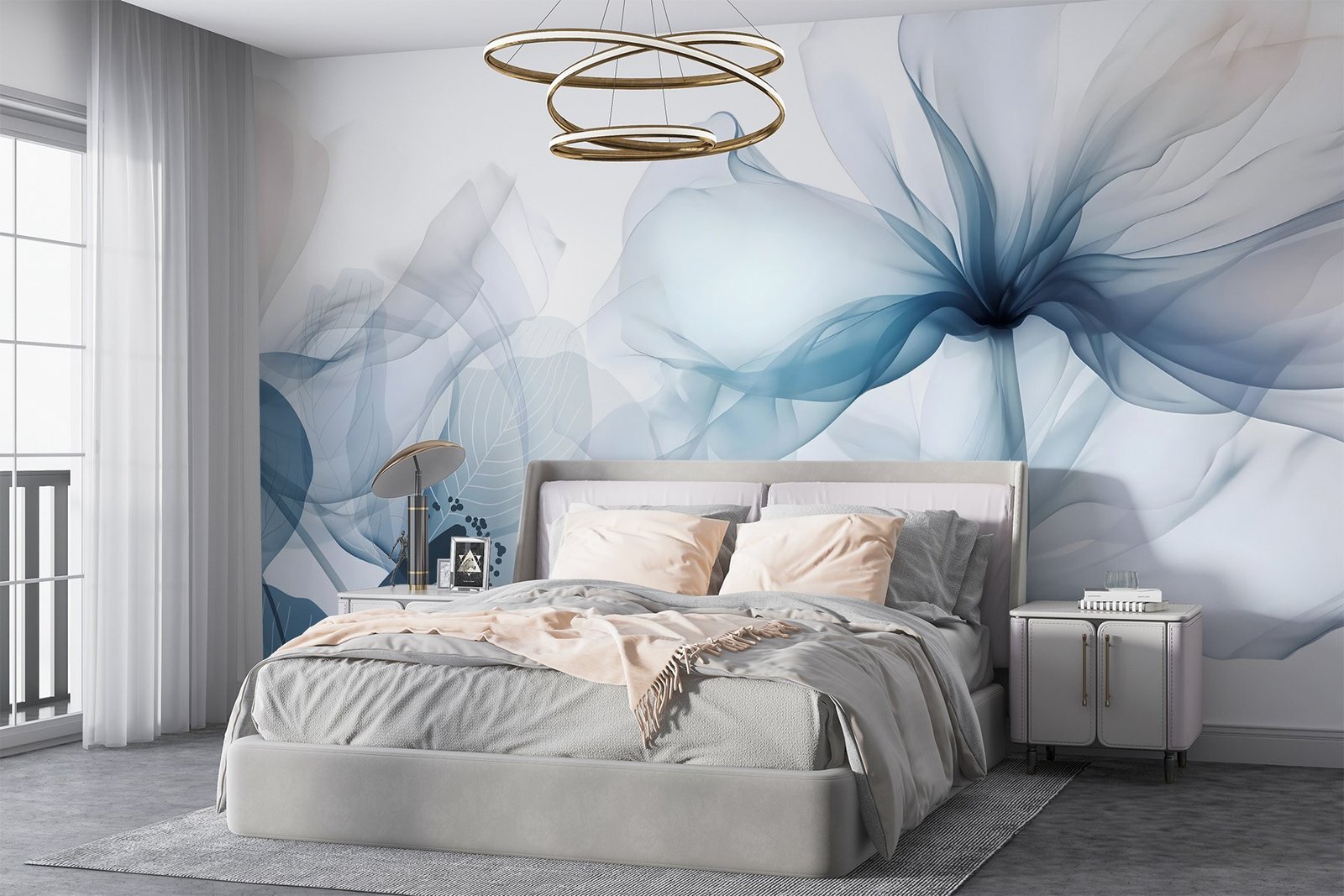 w08742pib25mr.jpg Papier peint – Fleurs bleues en transparence sur fond clair – Image 1