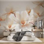 Papier peint – Magnolias crème aux cœurs orangés
