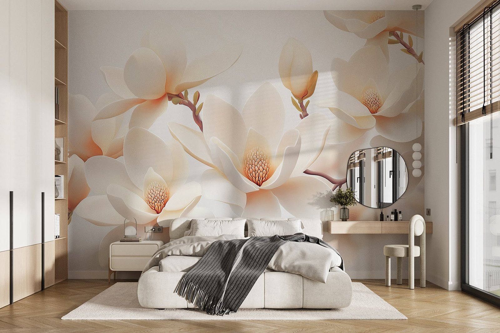w08745pib1mr.jpg Papier peint – Magnolias crème aux cœurs orangés – Image 1