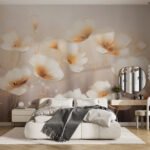 Papier peint – Fleurs blanches et cœurs orangés